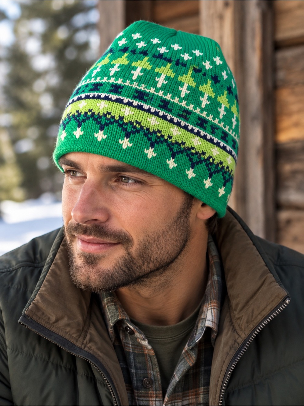 Vintage Aris Ski Hat 100% Wool USA Made Green Fair Isle Beanie Retro Adult #1188